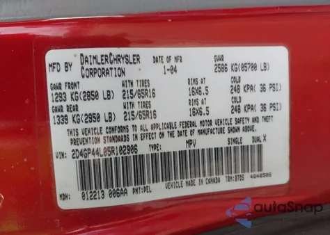 2005 Dodge Grand Caravan Sxt from USA, damaged, VIN 2D4GP44L05R102906